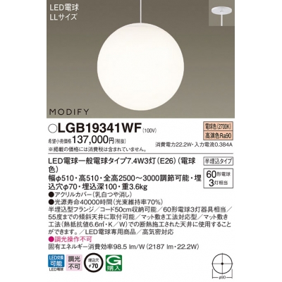 パナソニック 天井半埋込吊下型 LED吹き抜け用ペンダント 電球色 LED